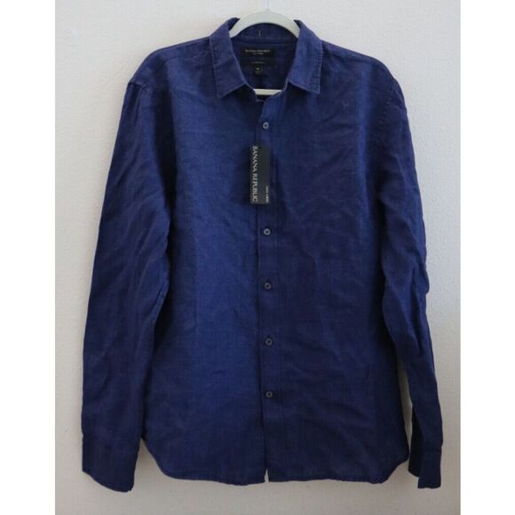 Banana Republic Men's Sz M Navy Blue Standard-Fit Button Down Linen Shirt $85 - Picture 1 of 15